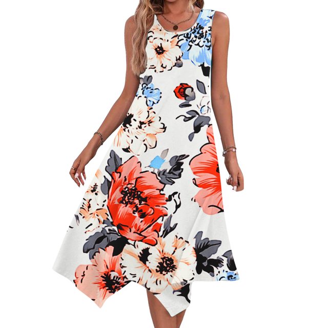 Ovzne Robes d'Été pour Femmes Robe pour Femme Robes Sans Manches Col Rond Cordon Décontracté Volant Robe Trapèze Mini Robe Grande Taille Liquidation