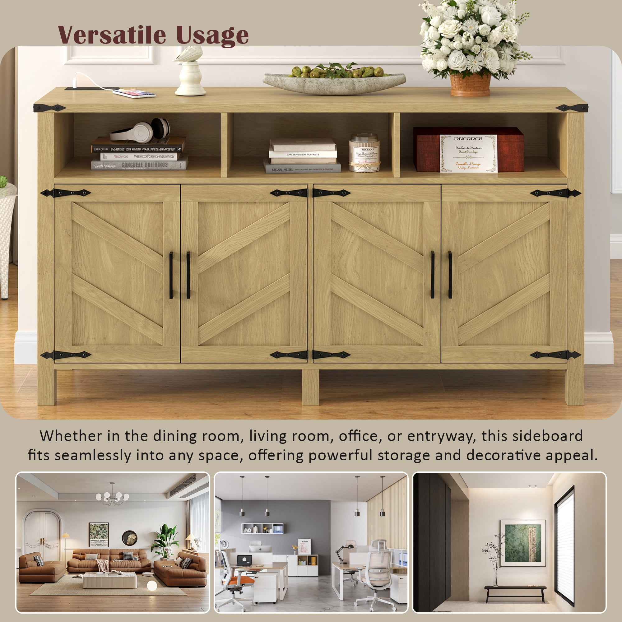 Euroco 59" Large Sideboard Buffet Cabinet with Storage, Wood Coffee Bar Station with Charging Station,Adjustable Shelves and Open Storage Shef for Living Room,Dining Room,Natural