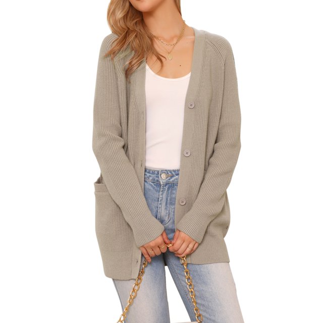 Suéteres de cárdigan largos para mujeres, con botones, abiertos al frente, cárdigan de punto, atuendos casuales con bolsillos, talla XL, color albaricoque