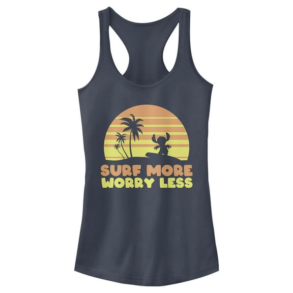 Junior's Lilo & Stitch Surf More Worry Less Racerback Tank Top Indigo X Large
