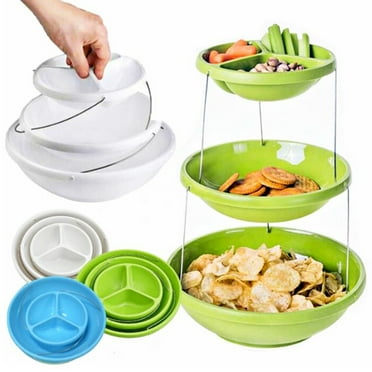 Sunjoy Tech 2/3 Tier Twist Fold Party Bowl Serving Plate Collapsible Nesting Plastic Platter Dips Nuts Candy Fruit Snack Space Saving Server