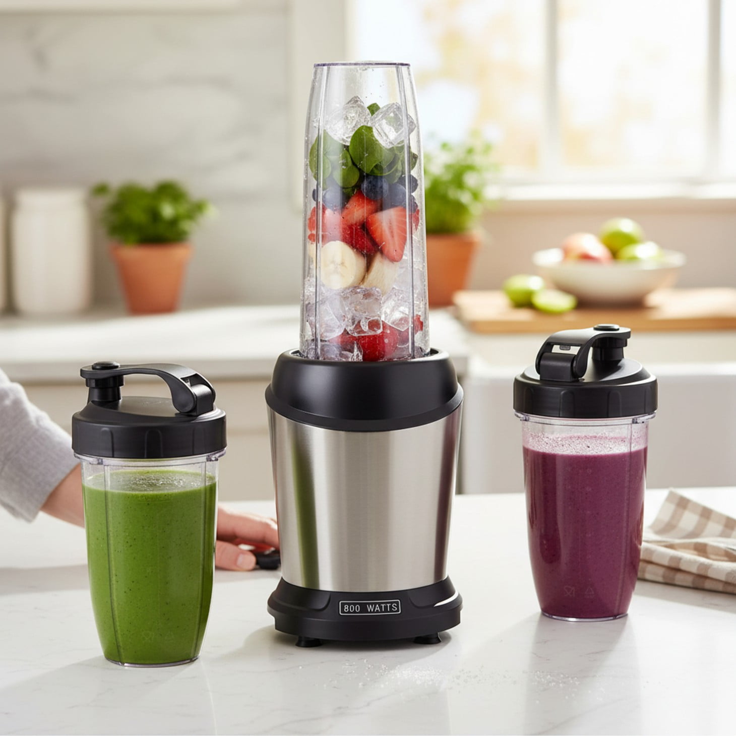 EDX 1L Stainless Steel Blender 800W 120V 60Hz Silver with 3 PCTG Cups(1L/0.7L/0.5L), 1 Travel Lid, 2 Storage Lids & 1 Blending Blade