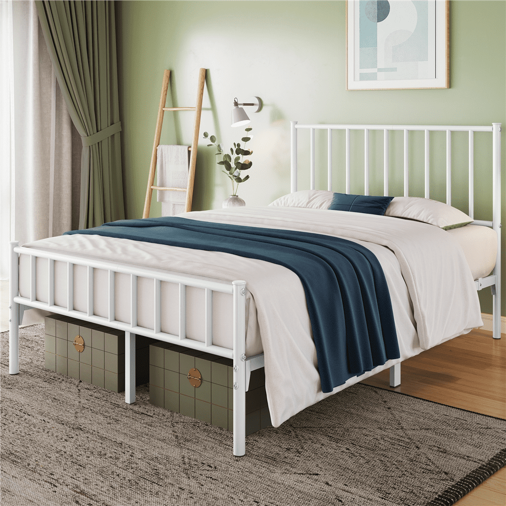 Renwick Full Size Metal Platform Bed with Headboard, White
