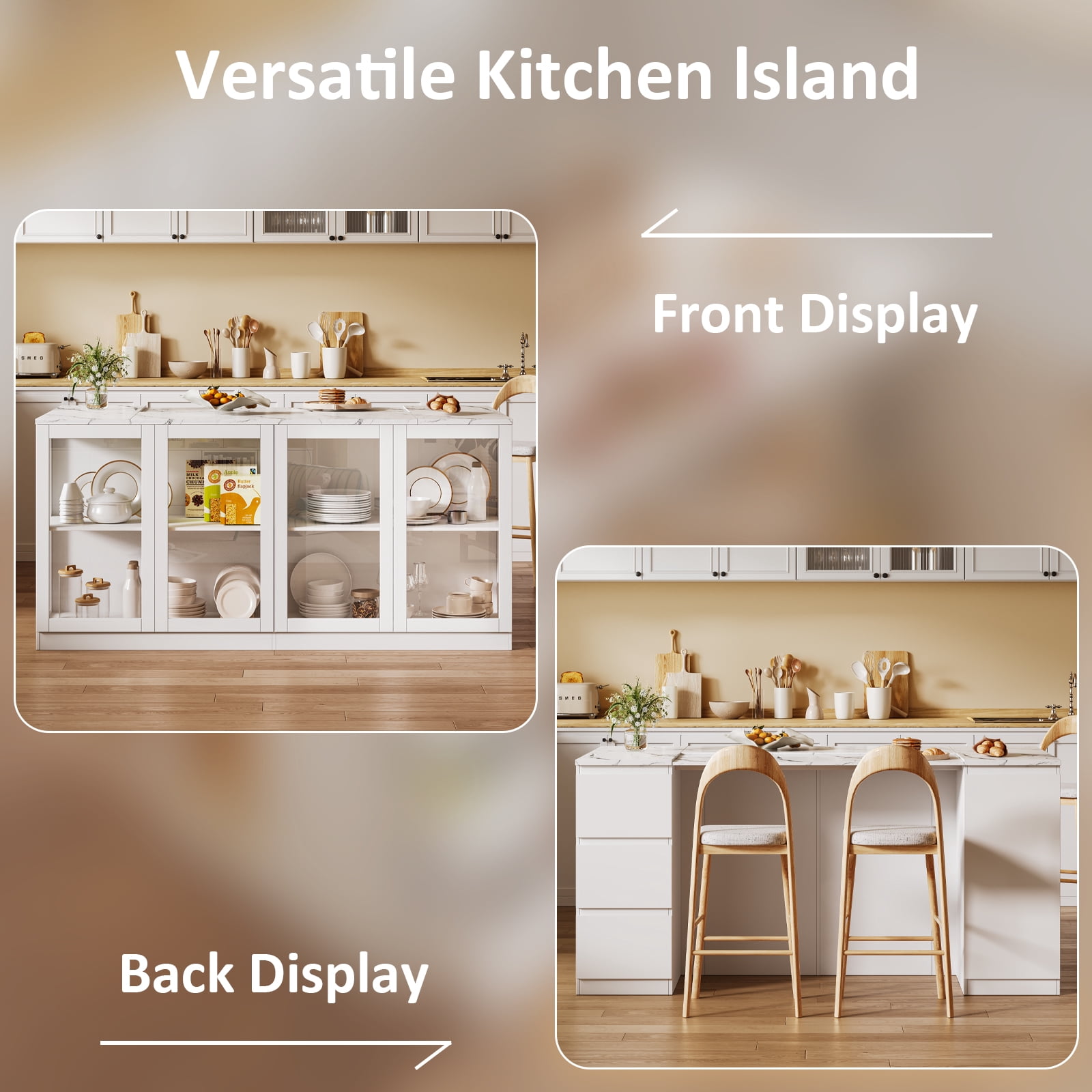 78.7" White Modern Kitchen Island with Storage, LED Light, Drawers & Glass Doors for Dining Room