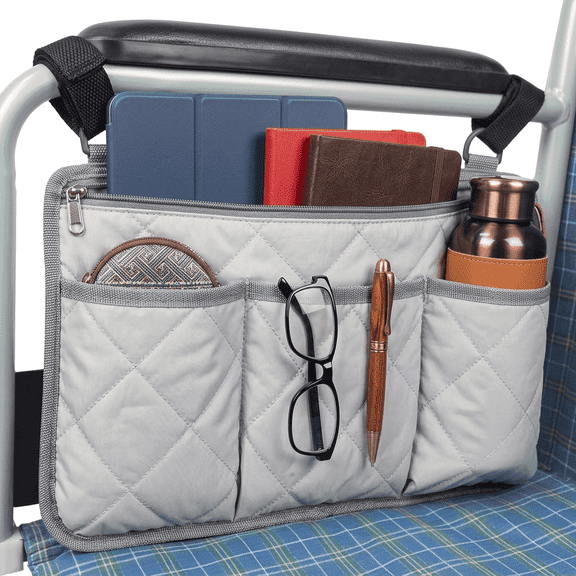 ROSEXIXI Wheelchair Accessories: Gray Quilted Organizer, Reflective Side Saddle Bag with 4 Pockets, Armrest Storage for Wheelchairs, Walkers&Rollators