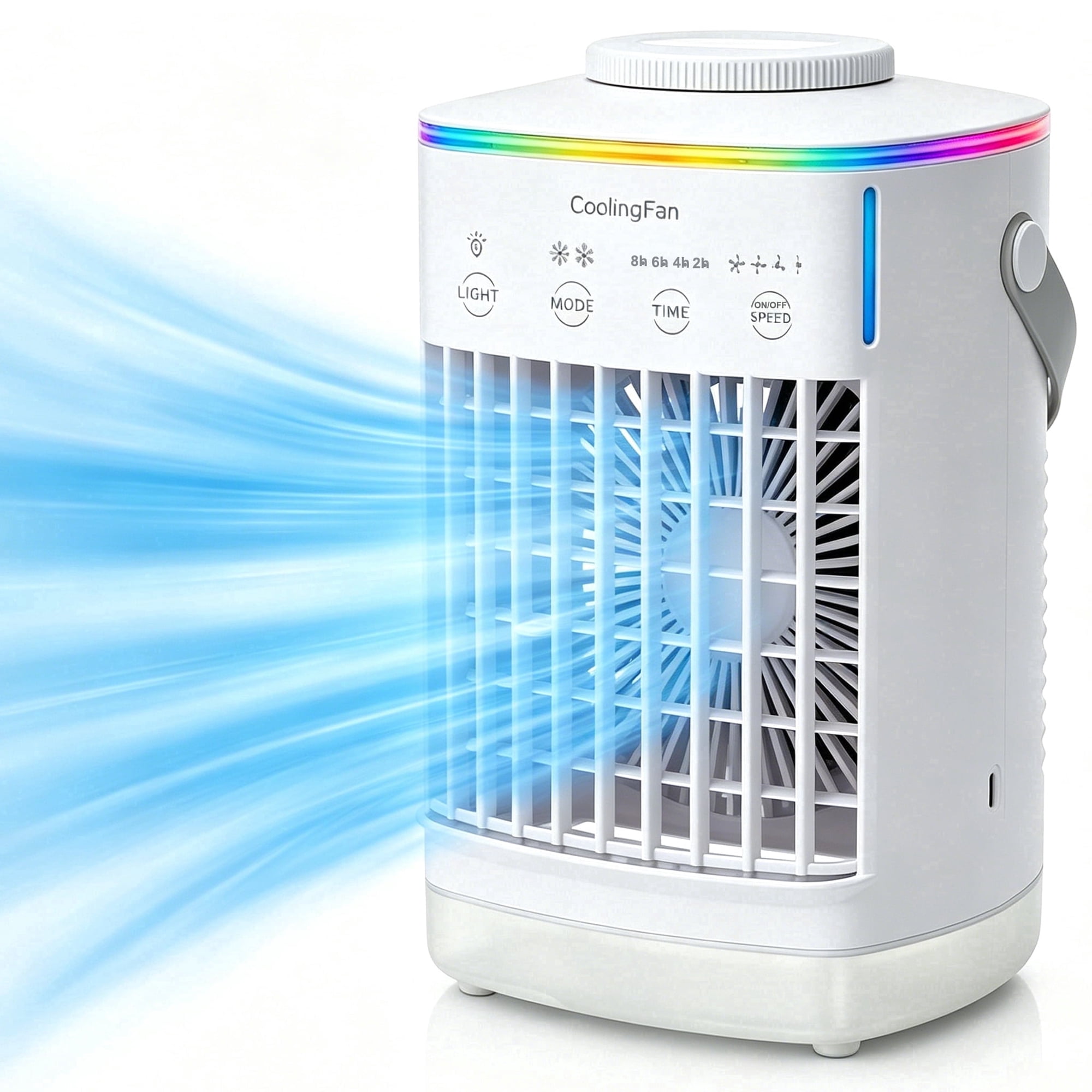 Portable Air Conditioner, Mini Evaporative Air Cooler Personal Desktop Cooling Fan with 4 Speed Modes & 4 Timer Settings and 7 Ambient Light for Home Bedroom Office