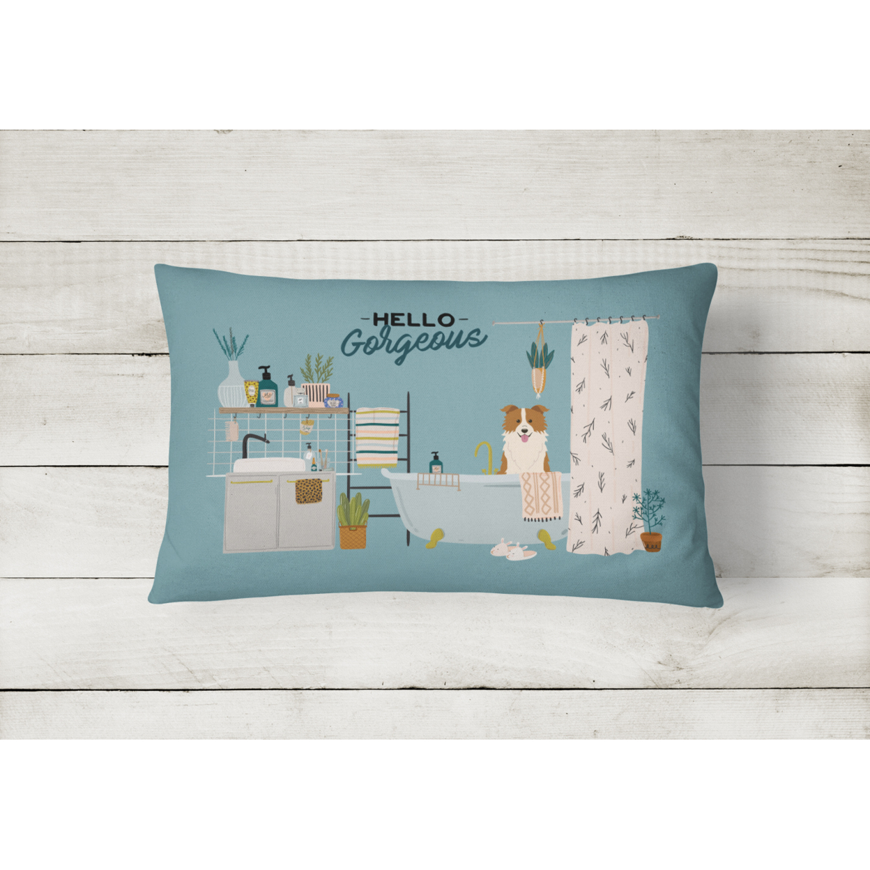 Carolines Treasures CK7541PW1216 Red White Border Collie in Bathtub Canvas Fabric Decorative Pillow 12H x16W multicolor