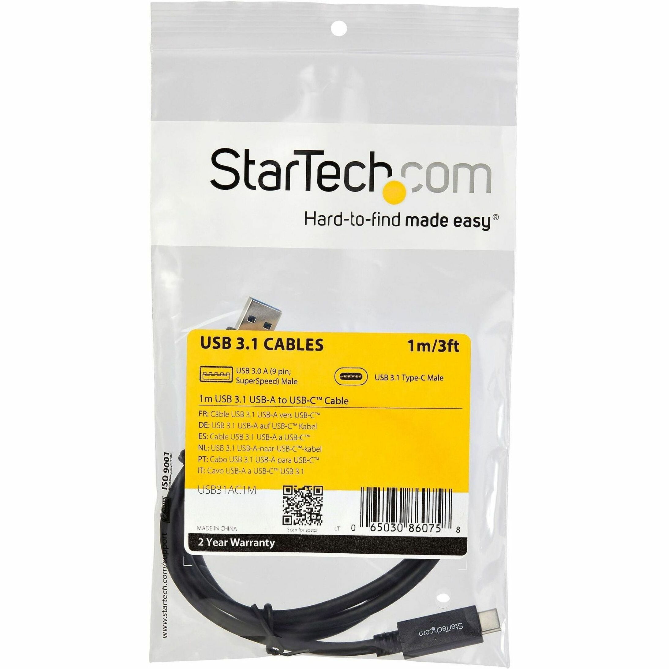 StarTech.com USB31AC1M USB to USB C Cable - 3 ft / 1m - 10 Gbps - USB-C to USB-A - USB 2.0 Cable - USB Type C