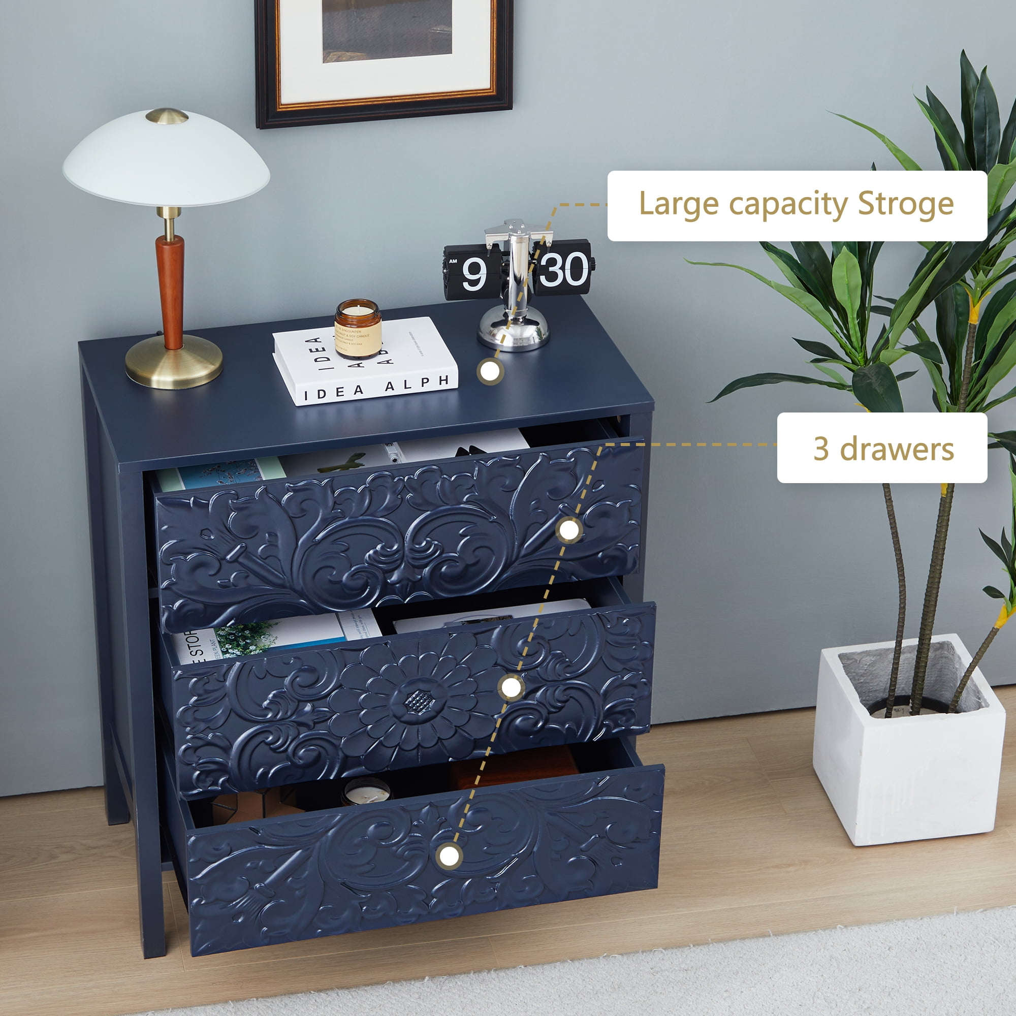 Wirrytor 3 Drawer Dresser for bedroom, Modern Chest of Drawers with Handles, Accent Wood Storage Cabinet for Bedroom, Living Room and Kitchen (Blue 3-Drawers-1)