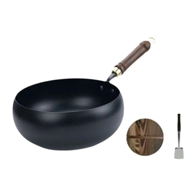 Wok pan chino wok con mango cómodo, sin recubrimiento, deja de salteado antiadherente de cocina general para cocina para cocina para el hogar tapa de vidrio