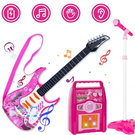 iMeshbean Kids Electric Musical Guitar Toy Play Set w/ 6 Demo Songs, Whammy Bar, Microphone, Amp, AUX - Pink