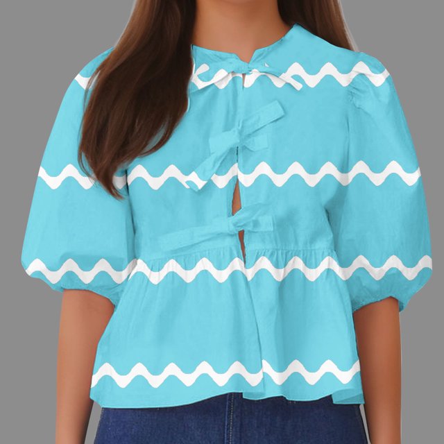 Fiudx Tops para Mujer Top de Camiseta con Cuello Redondo y Manga Farol Plisada con Lazo para Mujer