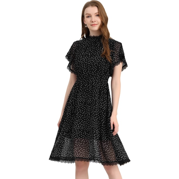 Allegra K Vestido A Media Pierna De Mujer Con Volantes En El Cuello Y Encaje De Lunares Negro XS