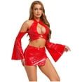 thumbnail image 2 of Linjinx Womens Wet Look Off Shoulder Flared Sleeve Crop Tops Rave Party Cut Out Camis Clubwear Red 3XL, 2 of 6