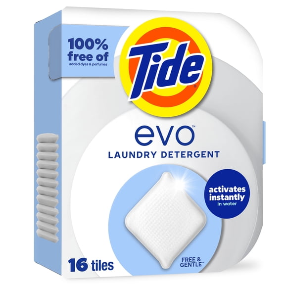 Tide Evo Free & Gentle Laundry Detergent Tiles, Works on 100% of Common Stains, Unscented, 16 Count