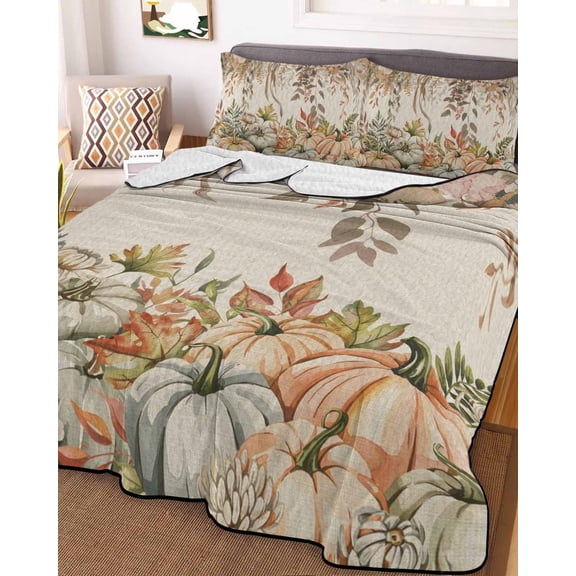 Pumpkins Fall Full Size Down Alternative Comforter, Lightweight Comforter Quilt Bedding Set with Pillow Shams Thanksgiving Botanical Eucalyptus Leaves Rustic Bed Comforter Duvet Insert 78"x90"