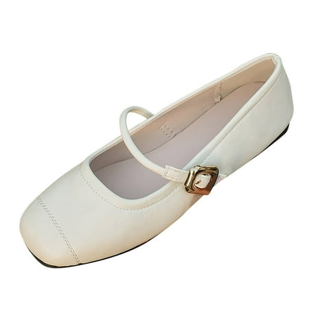 Avrnliq Womens Mary Jane Ballet Flats Comfortable Everyday Shoes with Adjustable Buckle Strap Vegan Faux Leather Beige Womens Shoes,Size 37