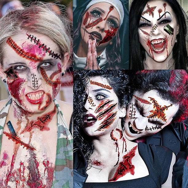 228+ piezas 28 hojas 3d tatuajes falsos de cicatrices de zombies kit de maquillaje temporal de Halloween para niños mujeres hombres adultos tatuajes de heridas falsas cortadas con puntadas maquillaj