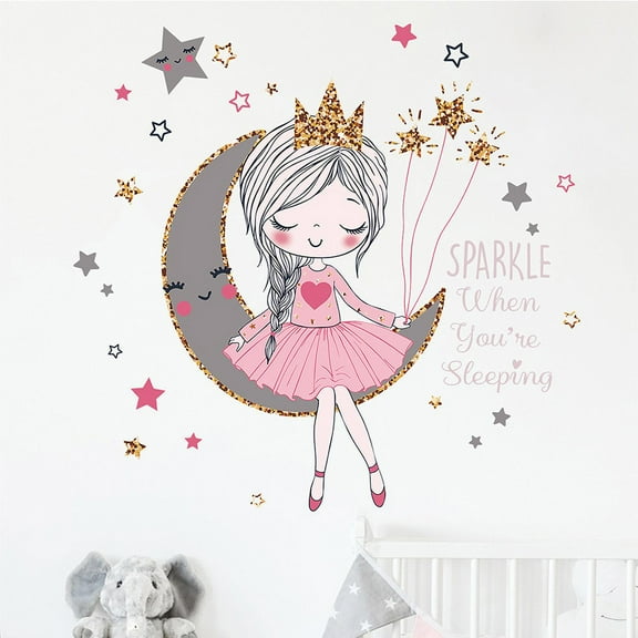 Princess on the moon wall sticker Girls room decor beautiful Cartoons sticke WA
