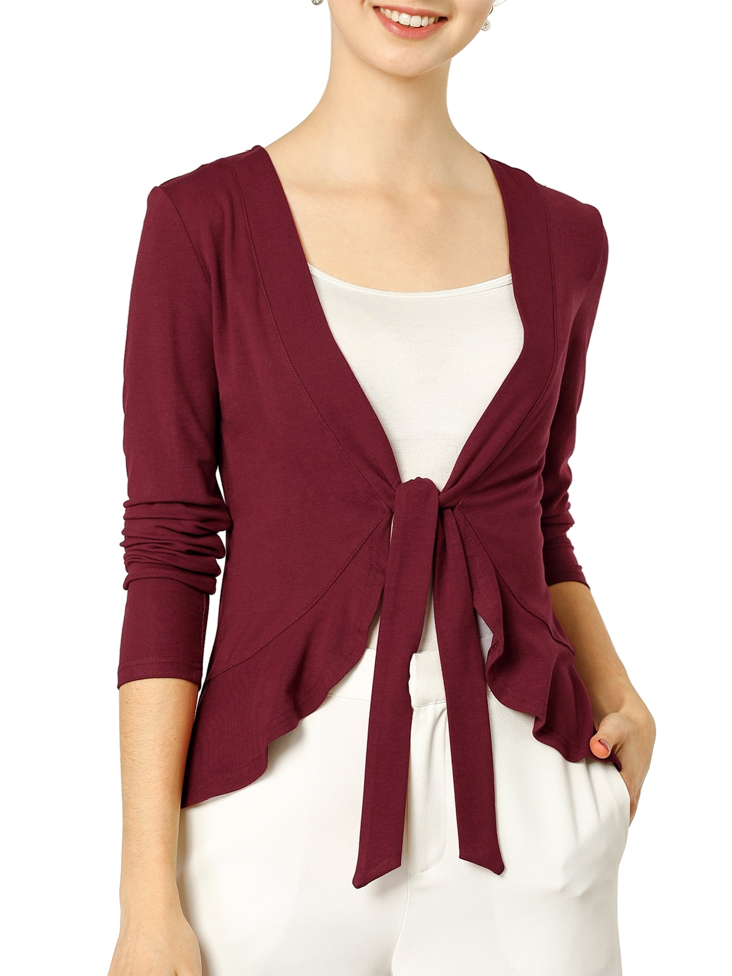 DARING DIVA Women's Tie Front Ruffled Hem Crop Knit Cardigan M Burgundy