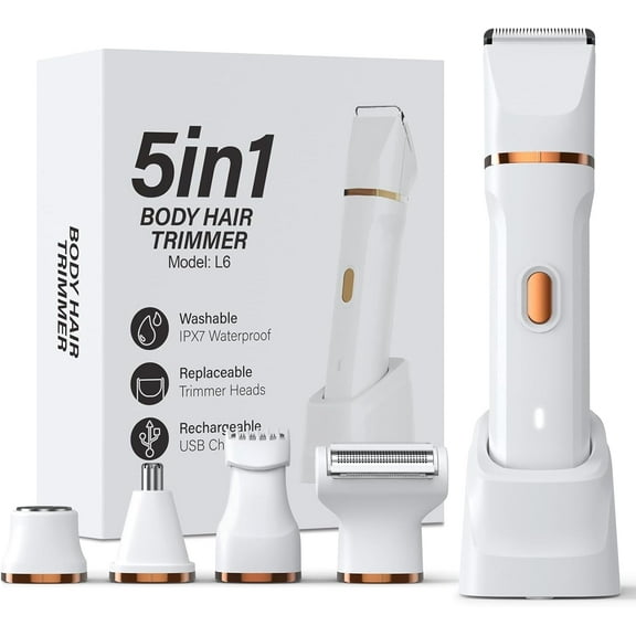 5-in-1 Bikini Trimmer for Women, IPX7 Waterproof Electric Razors Shaver, Cordless Body Hair Trimmer, Facial & Pubic Hair Removal, Ceramic Blade