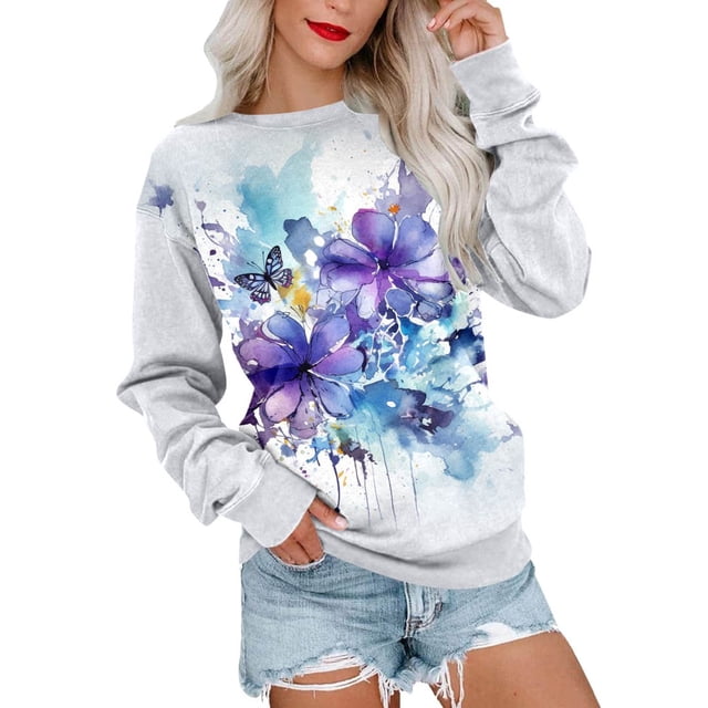 Chemises Confortables pour Femmes Automne Hiver Chandails Chauds Blouse Décontractée à Manches Longues Col Rond Pull Imprimé Pissenlit Teinture sur Nœuds Sans Capuche Rouge S