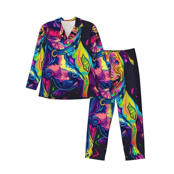 Balery Neon Pop Art Pitbull Pijama para Hombre de Dos Piezas con Manga Larga, Conjunto de Dormir y Descanso Suave con Bolsillos-XX-Large