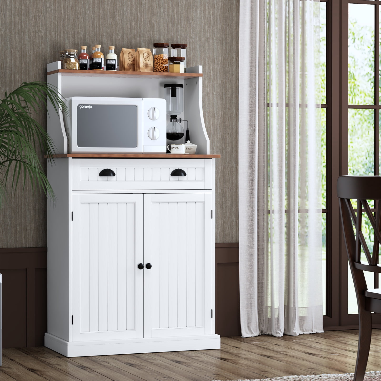 Kitchen Microwave Pantry Storage Cabinet with Drawers & Cabinets for Kitchen Organization, White