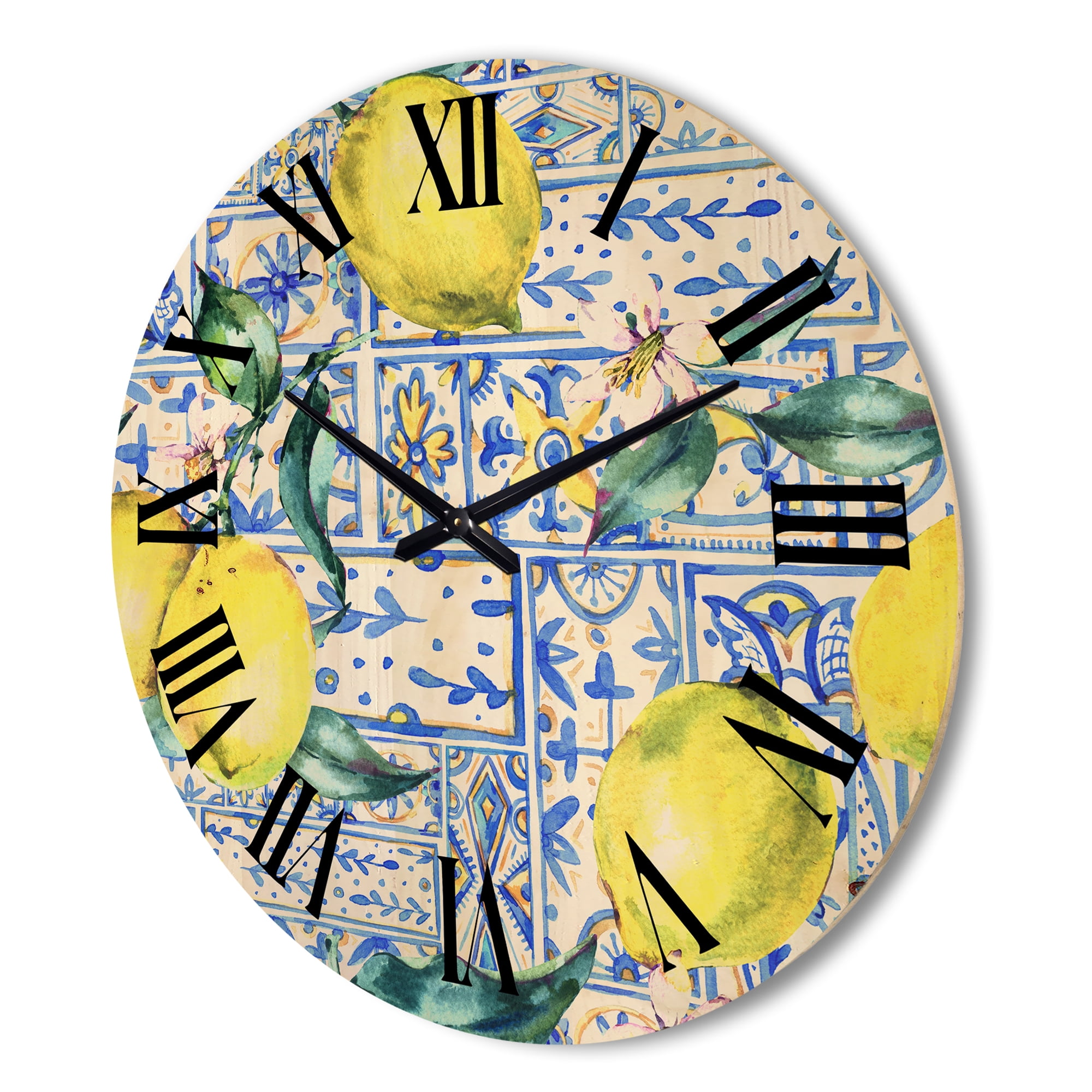 Designart 'Geometrical Pattern of Lemon Ornament On Blue I' Tropical Wood Wall Clock