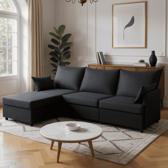 BSHTI 93.7” Sectional Sofa with Ottoman, Polyester Upholstery, 4 Seating, with Non-Slip Pads on the Plastic Legs, Includes Two Armrest Pillows, Black