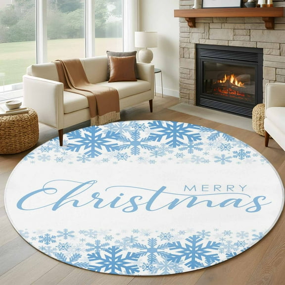 Blue Merry Christmas Round Rug 5ft Washable Circle Kitchen Rugs Non Slip Winter Snowflake Xmas Aesthetic Large Area Rug Indoor Floor Carpet for Bedroom Living Room Home Office Dining Room Nursery