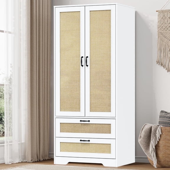 Gyger, 2 Doors Wardrobe Armoire Closet with 2 Drawers, Farmhouse Wooden Armoire Storage Cabinet with Shelves & Hanging Rod for Bedroom,White