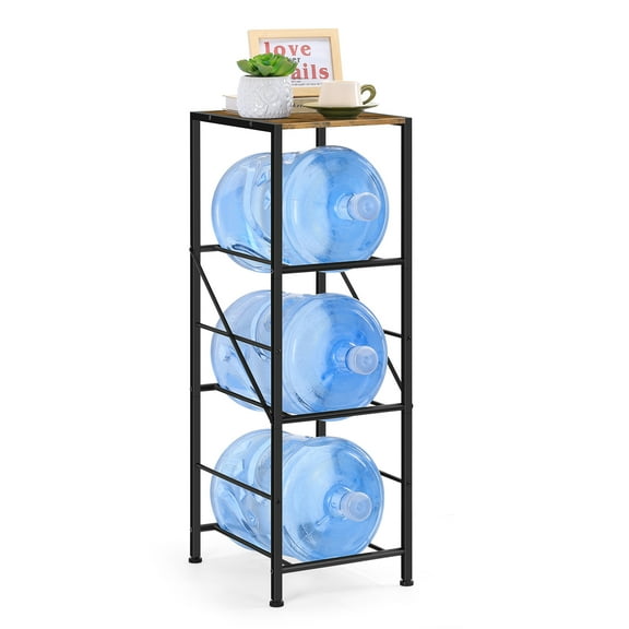 3-Tier 5-Gallon Water Jug Holder with Top Shelf and Wheels – Heavy-Duty Water Bottle Rack for Kitchen, Office, and Living Room, Brown