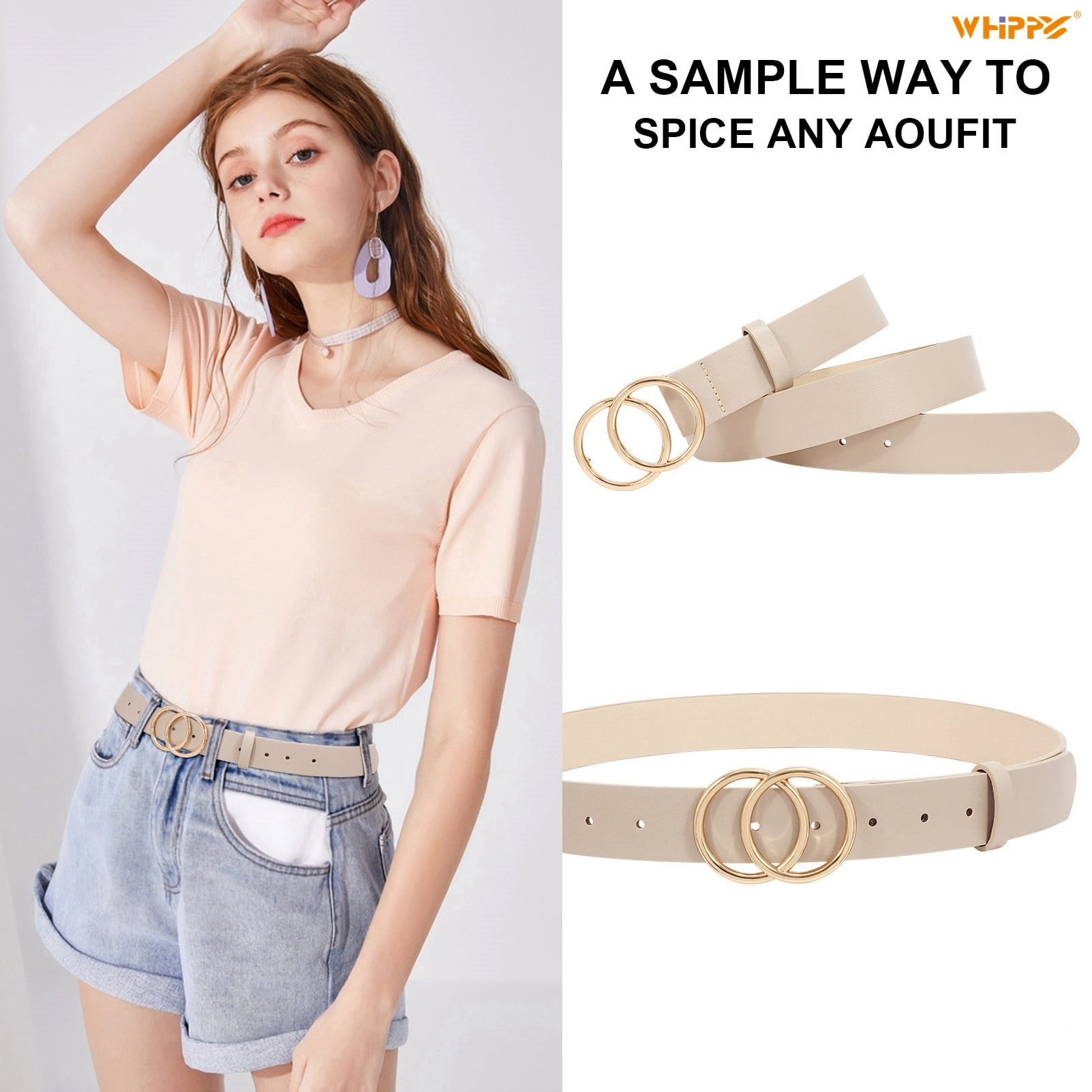 WHIPPY Women Leather Belt with Double Ring Buckle, Beige Waist
