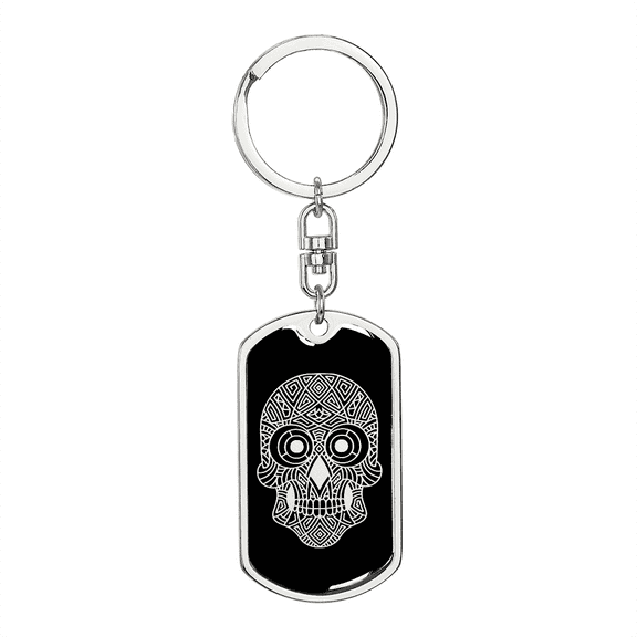 Calavera Mexican Sugar Skull 137 Stainless Steel or 18k Gold Premium Swivel Dog Tag Keychain