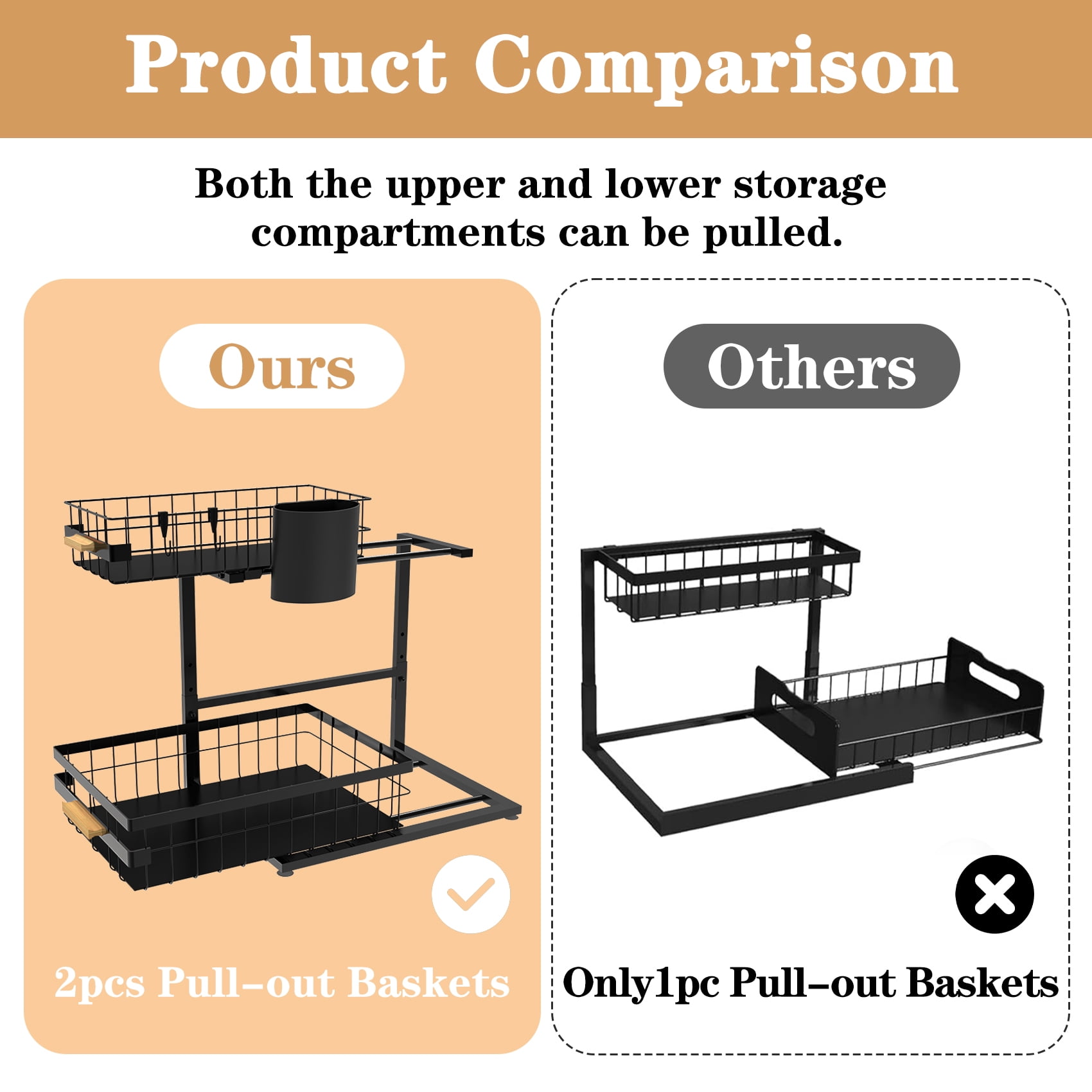 2-Tier Pull Out Under Sink Organizer with Sliding Baskets – Adjustable Height, Space-Saving Metal Shelf