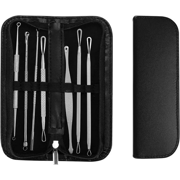 Casewin 7pcs Blackhead Remover Pimple Extractor Tool, Comedone Extractor Acne Removal Kit for Blemish, Whitehead Popping, Zit Removing for Nose Face with Leather Bag (Cover - Black)