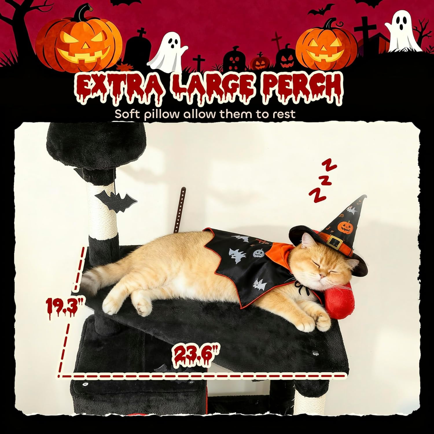 LEHOME Gothic Cat Tree, 78" Extra Tall Cat Tower for Indoor Kittens with 2 Spacious Condos, Sisal Scratching Posts, 4 Bat Hanging Balls, Comfy Hammock, Ramp, Bed, Black and Red Halloween