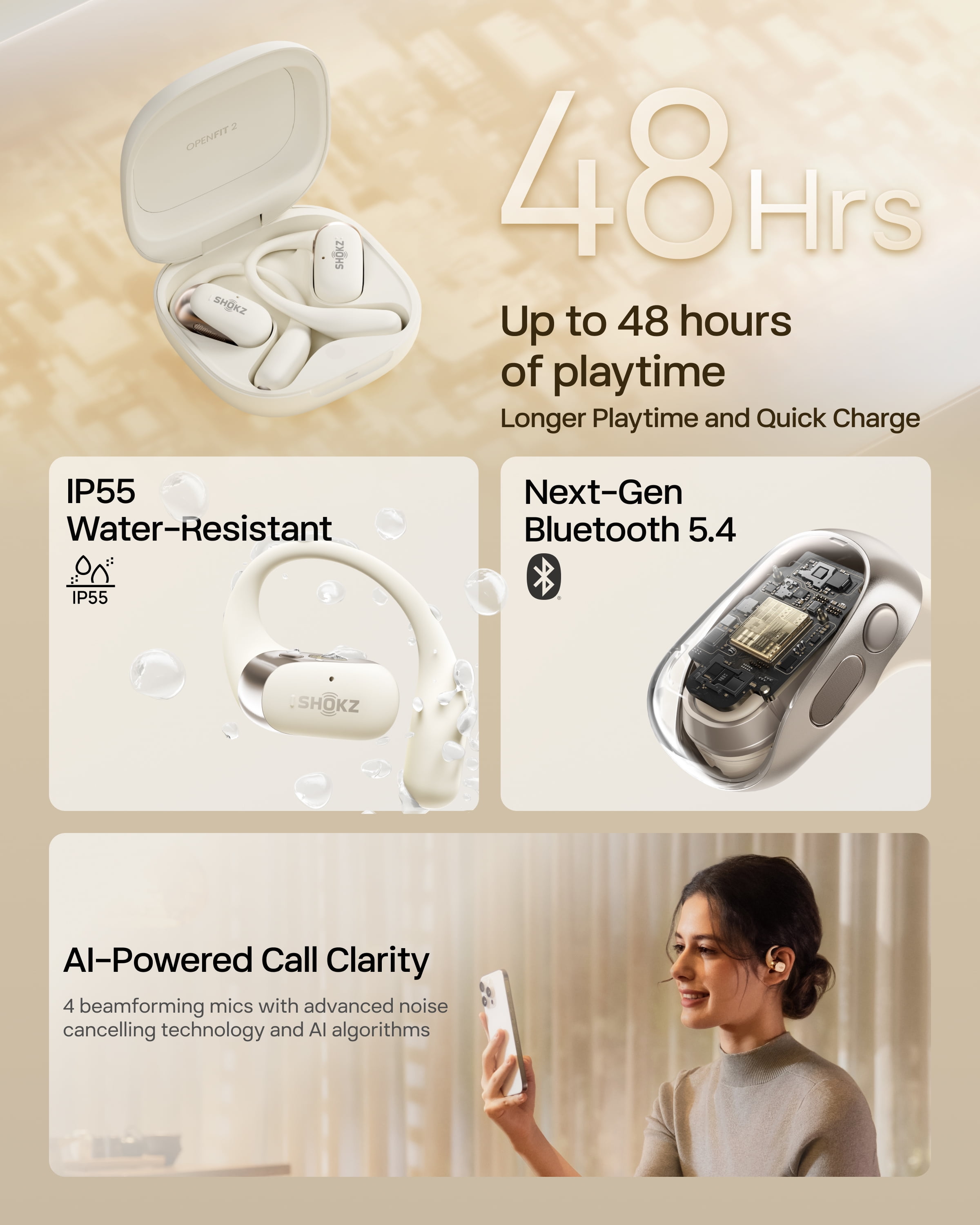 Shokz OpenFit 2 Open-Ear Headphones, Premium DualBoost™ Audio, Comfortable Earbuds with Soft Earhooks, 48H Playtime, IP55 Water-Resistant, USB-C Fast Charging, Beige