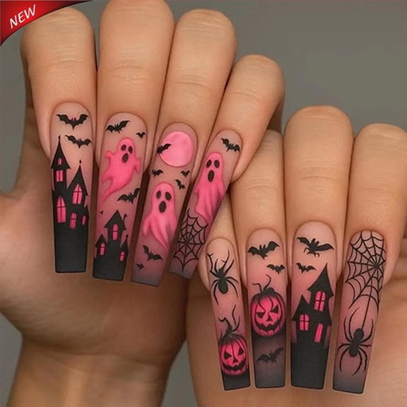 Pink Ghost Pumpkin Long Coffin Press On Nails Halloween Acrylic Fake Nails, Spooky Bat Spider Web Haunted House Glue On False Nail Tips Reusable Manicure Kit for Women Halloween Party Daily Wear