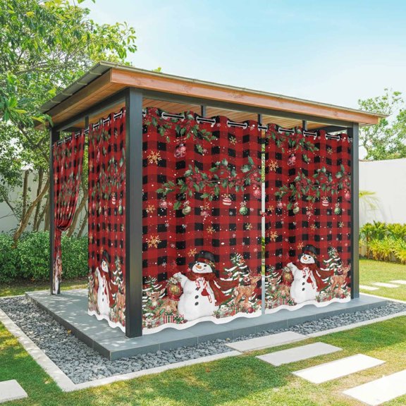 Outdoor Curtains for Patio Waterproof, Christmas Snowman Outdoor Privacy Panels Grommet, Xmas Snowflake Elk Tree Balls Red Plaid Blackout Outside Curtains for Porch/Cabana 54"x95", 1 Panel