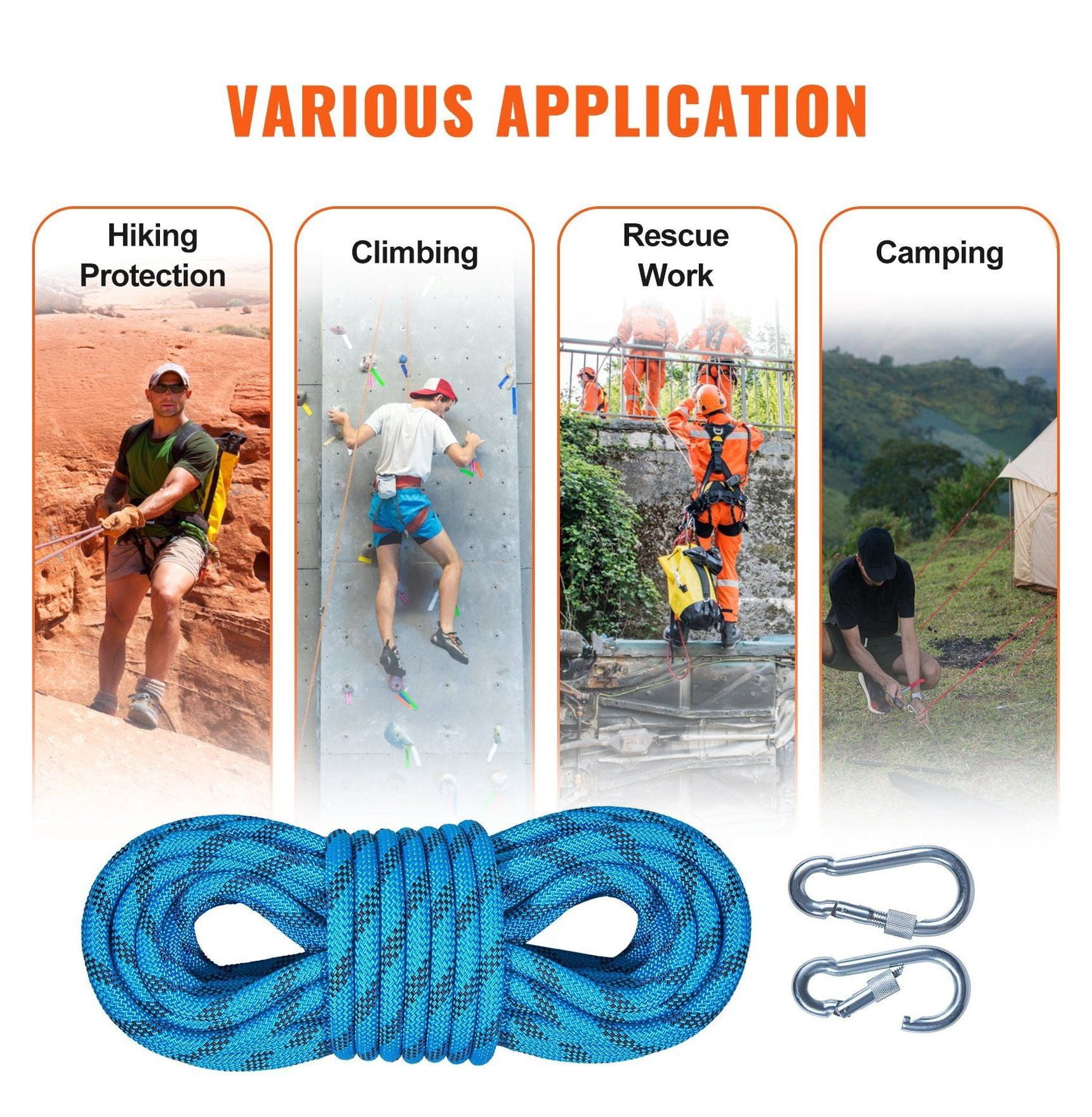 Static Climbing Rope 32ft, 10mm Rock Climbing Rope 26KN, Safety Rope with Carabiners & Bag