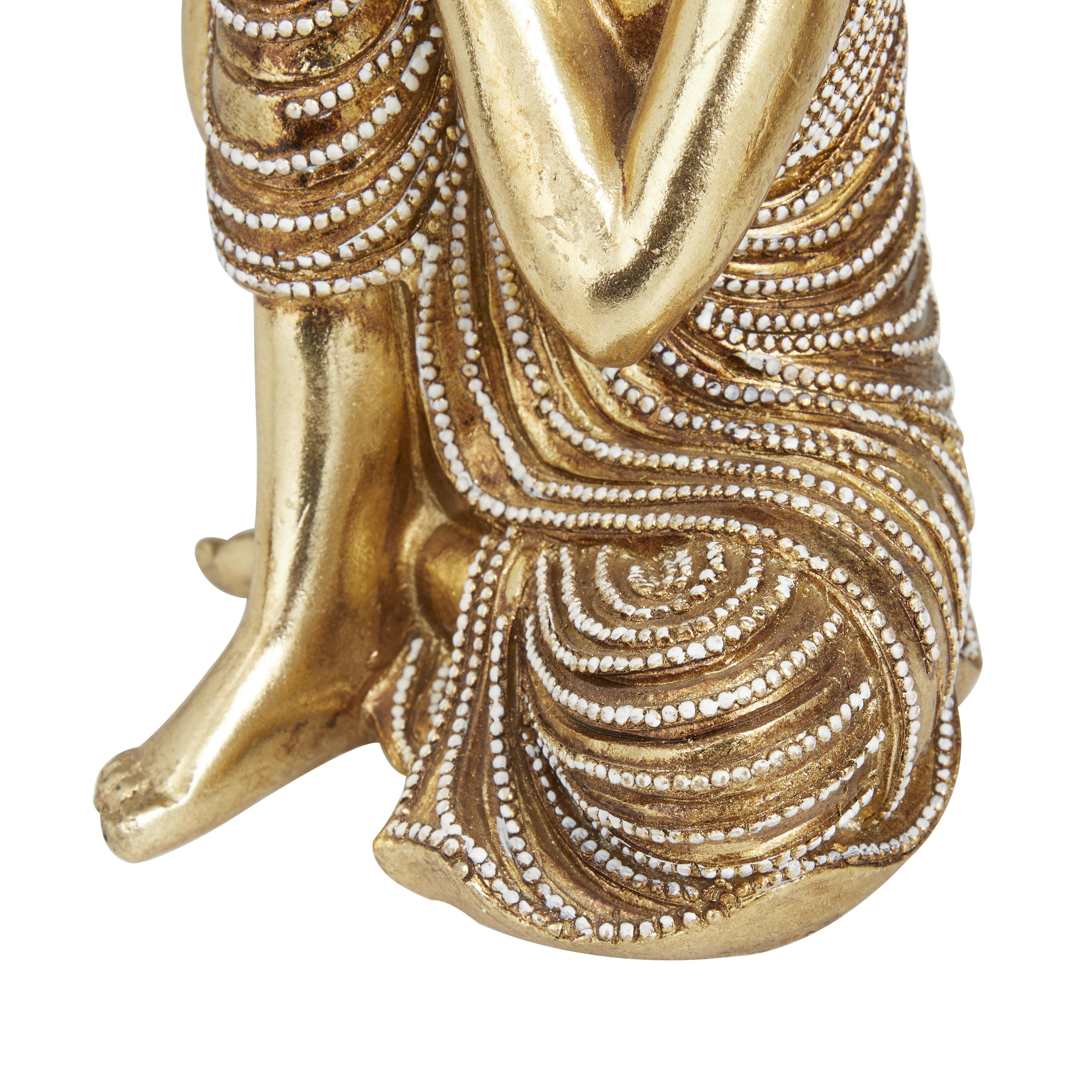 5"W, 7"H Gold Polystone Meditating Buddha Sculpture with Engraved Carvings and Relief Detailing, by DecMode (2 Count)