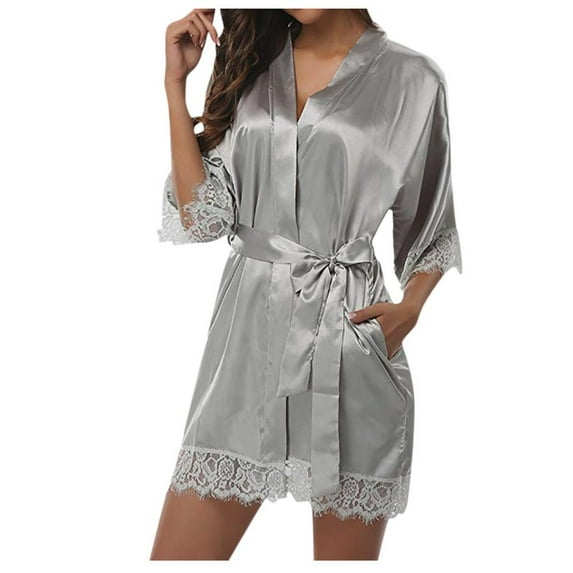 Women's Bathrobe Sexy Lace Sleepwear Satin Nightwear Soft Lingerie Pajamas Suit