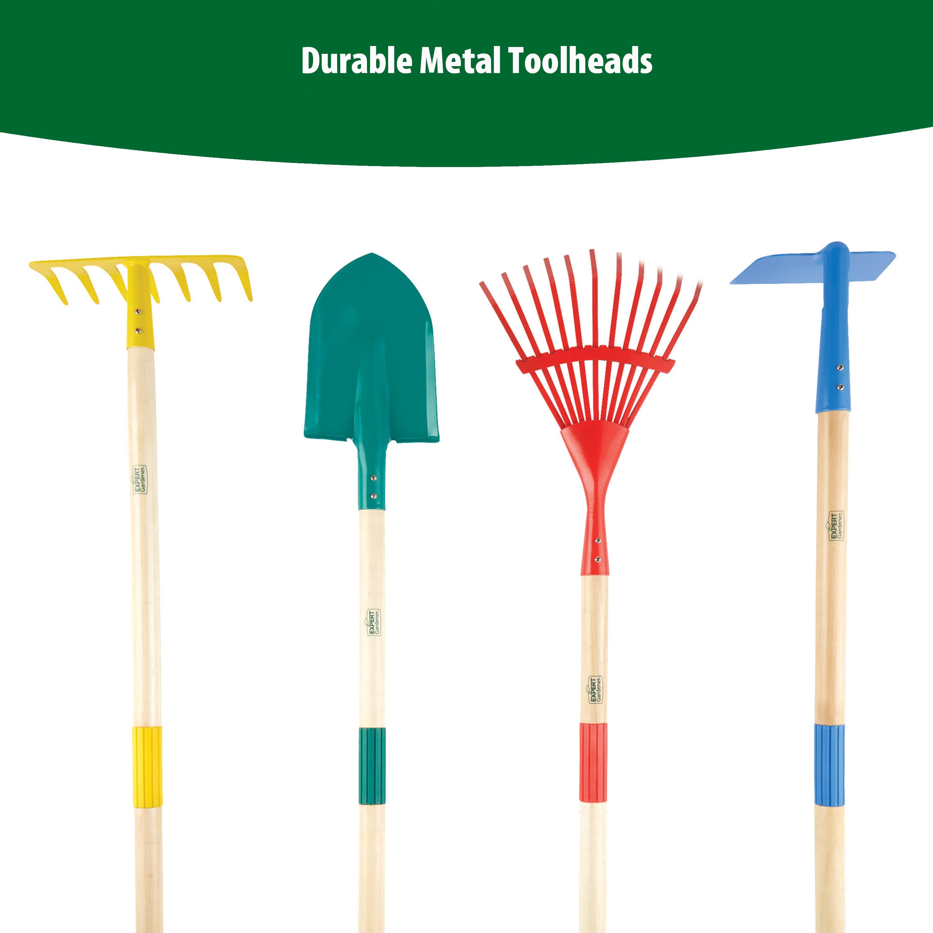 Expert Gardener 4-Piece Kids Long Handle Gardening Tool Set, Hoe, Bow Rake, Leaf Rake, Shovel