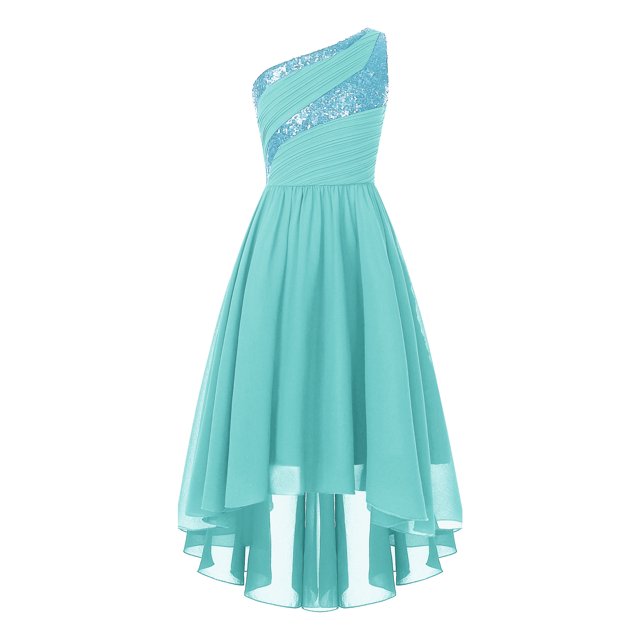 RUNQHUI Robe Formelle à une Épaule pour Filles, Ourlet Haut-Bas, Robe de Bal, Princesse, Danse, Bal de Promo, Turquoise 10