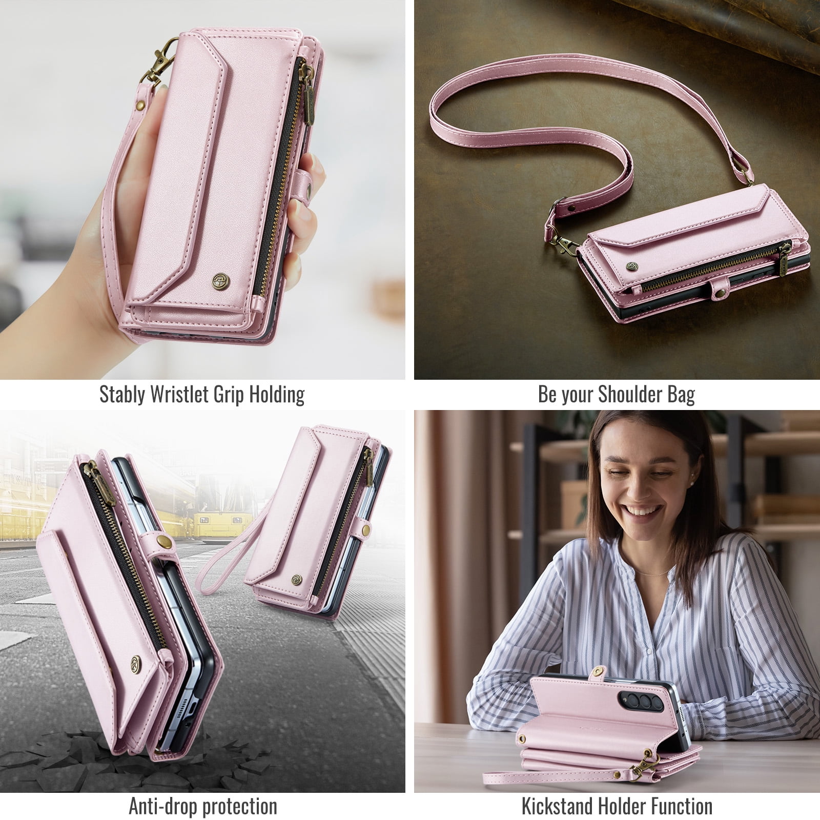 Dteck for Samsung Galaxy Z Fold 5 Case with RFID Blocking Wallet Case for Women Men, Shockproof PU Leather Magnetic Flip Strap Zipper Card Holder Phone Case,Pink