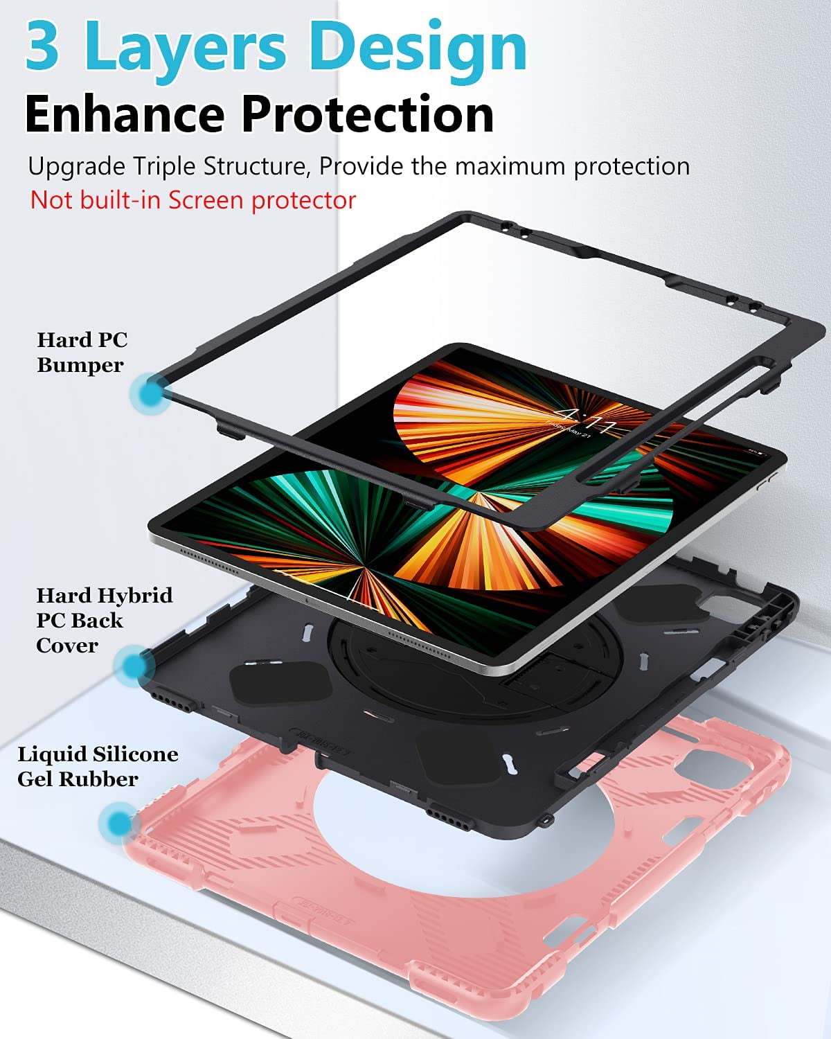 Case for iPad Pro 12.9 2021 5th Generation: Military Grade Heavy Duty Shockproof Silicone Protective Cover for iPad 12.9 Inch 2020 & 2018 w/ Pencil Holder - Stand - Handle - Shoulder Strap- Rose Gold