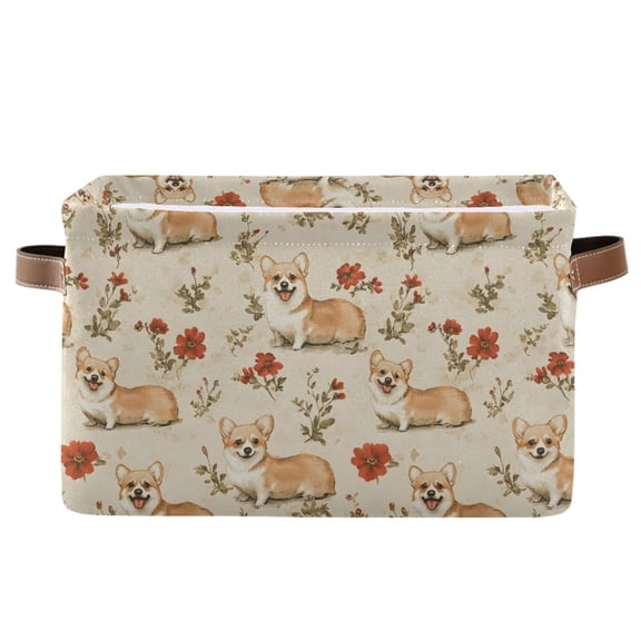 Storage Bins with Handle Fabric Organizer Basket Foldable Box 1 Pack Corgi and Red Flower 14.2x10.2x8.3