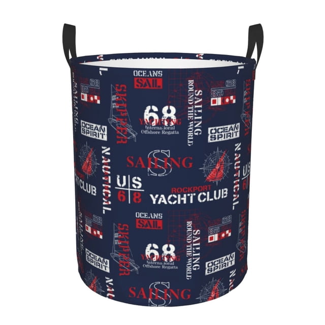 Balery Nautical Style Sailboat Cesta de ropa redonda con asas, impermeable, independiente, para ropa, juguetes, dormitorio y familia-Small